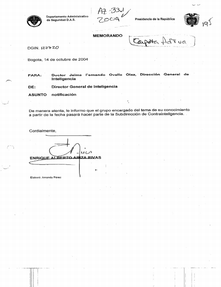 G3 pasa a Subdireccin de Contrainteligencia