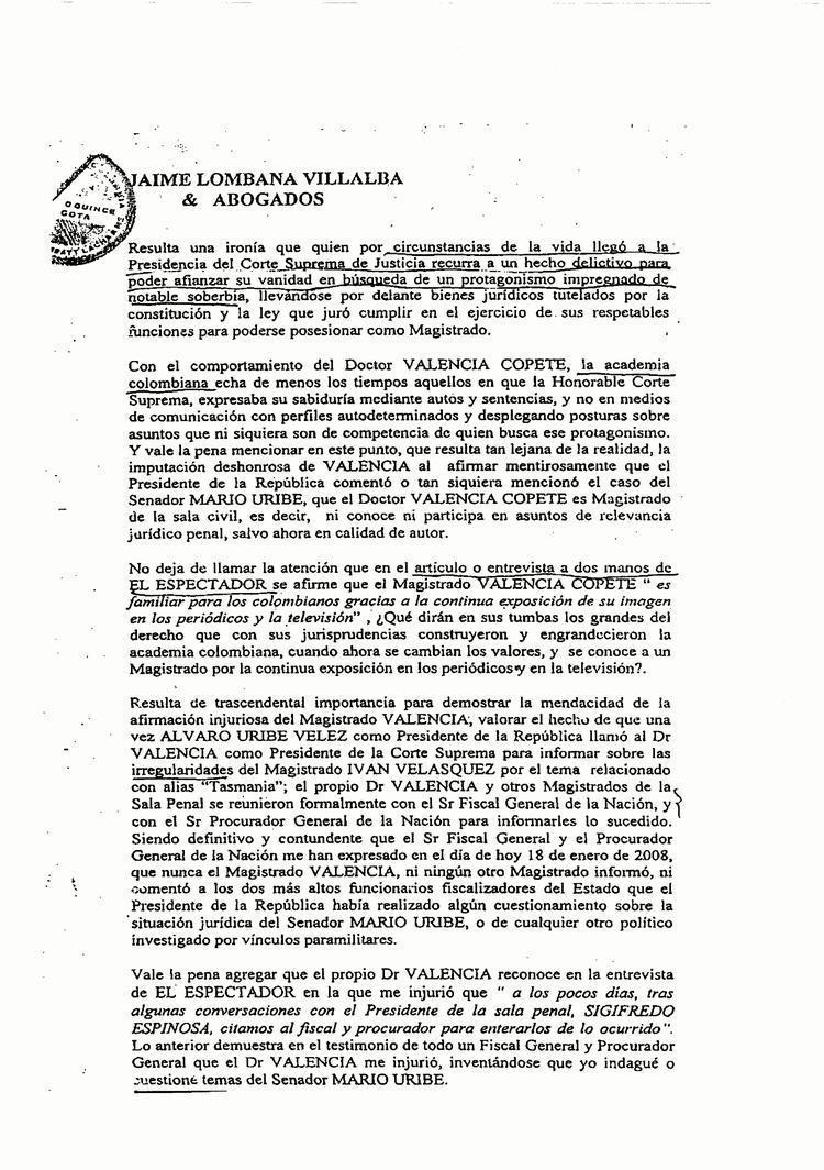 Equipo Nizkor - Texto completo de la demanda por derecho al honor  presentada por el presidente Uribe Vélez contra el presidente de la Corte  Suprema.